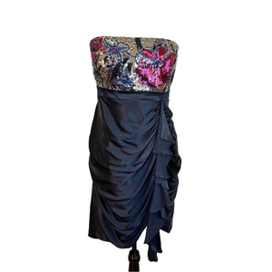 Monsoon Women Y2K Sequin 100% Ink Blue Ruched Ruffle Cocktail Strapless Dress 12